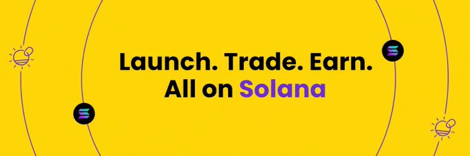The image displays bold text reading "Launch. Trade. Earn. All on Solana," accompanied by the Solana logo and circular graphics, promoting the platform's NFT marketplace features mentioned in the accompanying post.