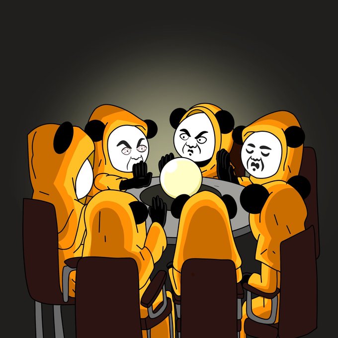 A cartoon illustration of five figures in orange panda costumes gathered around a glowing crystal ball, with two showing angry expressions.