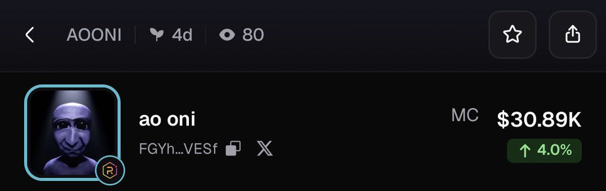 A cryptocurrency token page on a trading platform displays the 'AOONI' (ao oni) meme coin, with a market cap of $30.89K, up 4.0% in 4 days.