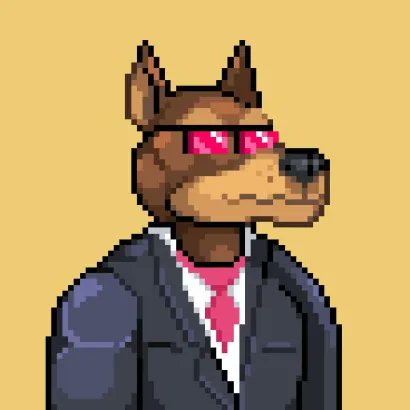 A pixel art illustration of a brown Doberman wearing a blue business suit, pink tie, and red-tinted sunglasses against a yellow background.