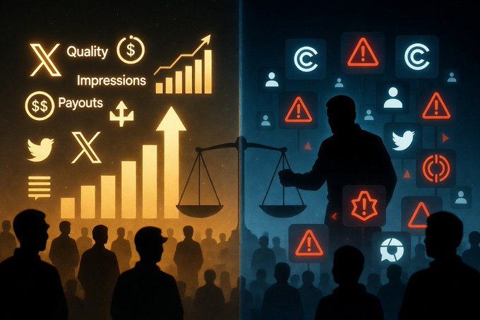 A split illustration contrasting Twitter/X metrics on the left—including Quality, Impressions, Payouts, and upward bar graphs—with warning icons and copyright symbols surrounding a silhouette figure on the right, set against crowds of onlookers.