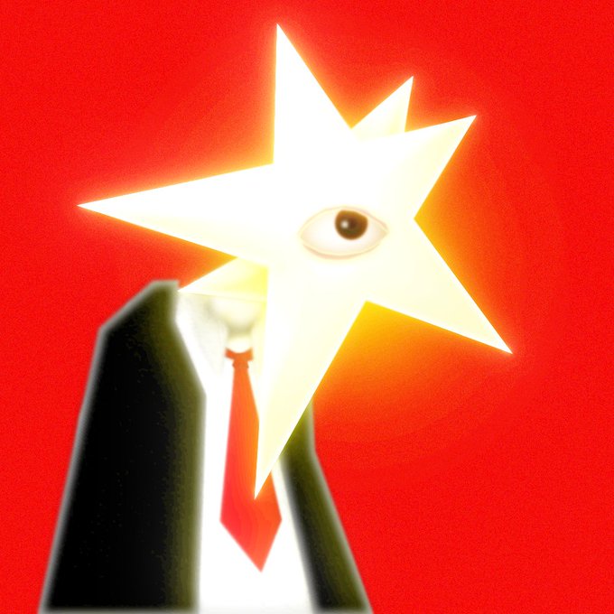 A surreal image of a figure in a black suit and red tie with a glowing white multi-pointed star for a head featuring a single eye, against a red background.