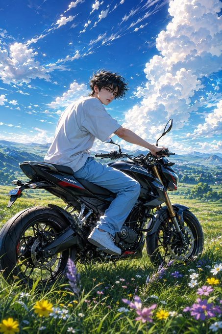 An anime-style illustration of a young man with dark hair sitting on a black and red motorcycle in a grassy meadow filled with wildflowers, under a bright blue sky with dramatic white clouds.