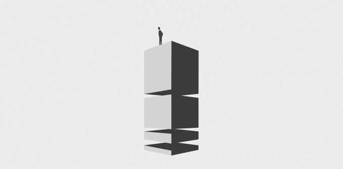 The image depicts a small figure standing atop a tall, stacked tower of gray and dark blocks against a light background, symbolizing achievement and summit. The accompanying post about being at the "pinnacle of fundraising and yield on @LitecoinVM" aligns with this visual metaphor, suggesting reaching the top of success while emphasizing steady, foundational growth—"one block at a time."