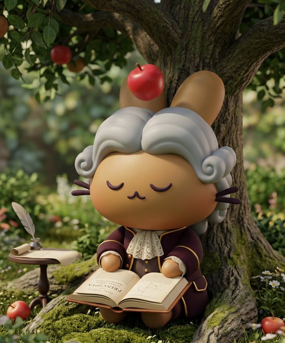 A cute, anthropomorphic bunny character dressed in historical attire sits under an apple tree, reading a book titled "Principia." This image directly references the legend of Isaac Newton and his discovery of gravity, linking the "Mystery Stock #3" to a groundbreaking scientific event.