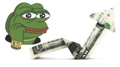 A Sad Pepe meme depicting the green frog character crying while watching a stack of cash fly away.