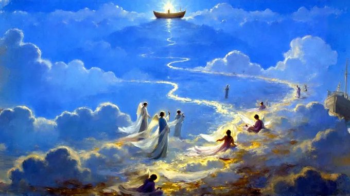 A fantasy painting depicts robed figures walking along a glowing golden river of clouds toward a radiant boat sailing across a starry blue sky.