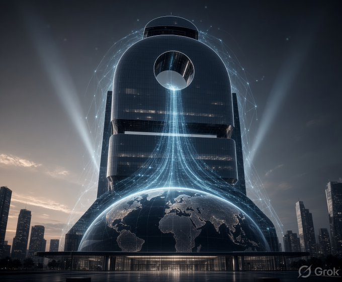 A futuristic AI-generated image (Grok watermark) depicting a massive skyscraper shaped like a padlock with light beams converging on a glowing globe at its base.