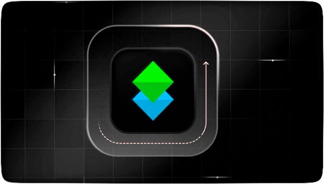 A digital graphic features a glowing rounded square border with an upward arrow enclosing two overlapping diamond shapes, one green and one blue, set against a dark background.