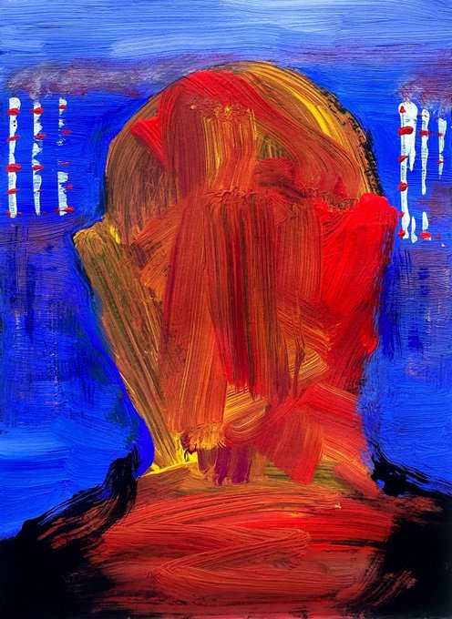 An abstract expressionist painting depicts a figure rendered in bold red and orange brushstrokes against a vibrant blue background, with two sets of vertical white marks flanking the central form.