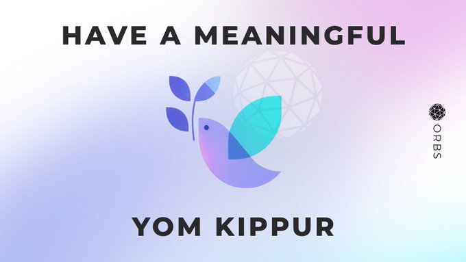 A Yom Kippur greeting card with the text 'HAVE A MEANINGFUL YOM KIPPUR' featuring a stylized dove and plant logo from ORBS.