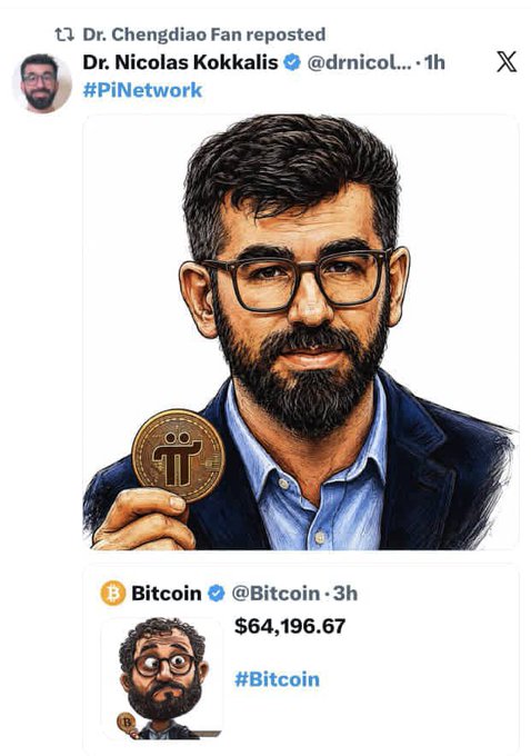A screenshot of a social media post by Dr. Nicolas Kokkalis featuring a stylized illustration of him holding a Pi Network coin, alongside a Bitcoin post showing its price at $64,196.67. The image ties into the accompanying text by contrasting Bitcoin's quoted dollar value with Pi Network's claim of a much greater "global" value per coin.