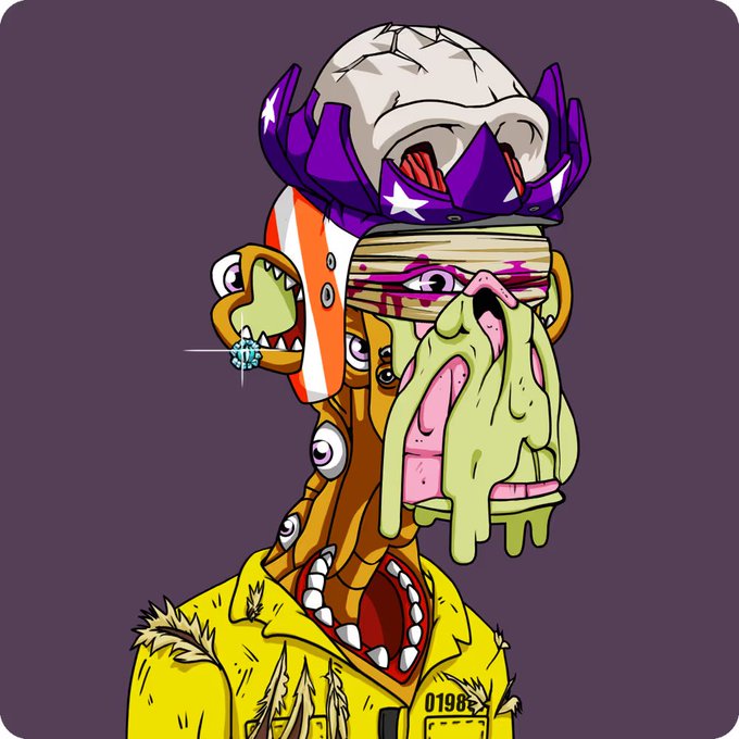 A surreal, grotesque cartoon illustration of a multi-faced, melting character wearing a crown-like helmet and a yellow shirt with '01988' on it.