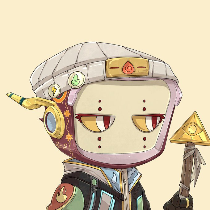 An illustration of a stylized character with a boxy head wearing a white beanie adorned with pins, holding a staff topped with a golden eye symbol.