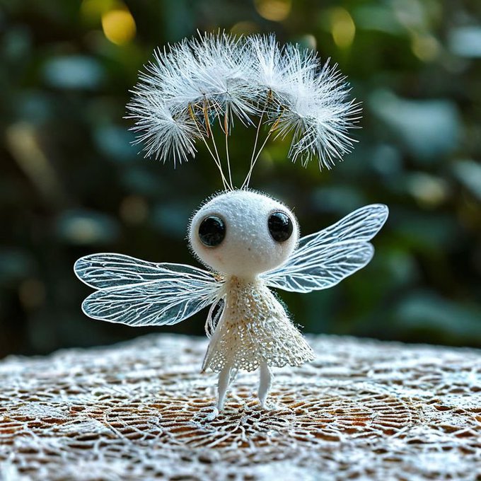 A whimsical 3D rendering of a small, fairy-like creature made of dandelion fluff with translucent wings, standing on a textured stone surface.