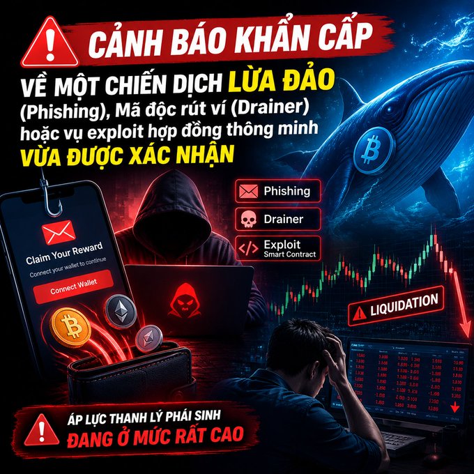 A Vietnamese-language urgent warning graphic titled 'CẢNH BÁO KHẨN CẤP' about a confirmed phishing, drainer, and smart contract exploit scam, featuring imagery of a hacker, a phishing wallet prompt, and warning about very high derivatives liquidation pressure ('ÁP LỰC THANH LÝ PHÁI SINH ĐANG Ở MỨC RẤT CAO').