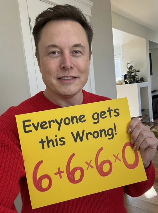A man in a red sweater holds a yellow sign reading "Everyone gets this Wrong!" above the equation "6+6×6×0." The post teases viewers to solve the math problem, emphasizing how a single zero can drastically alter the answer.