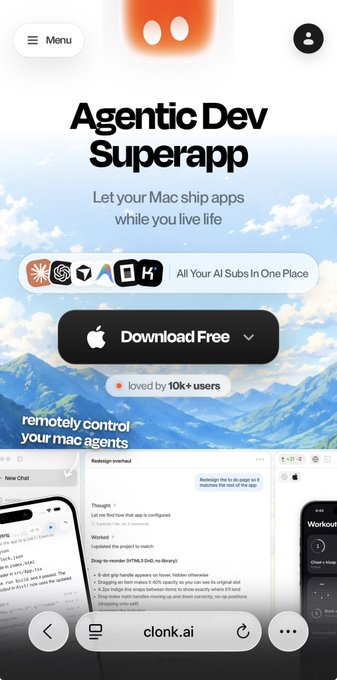 A website homepage for "Agentic Dev Superapp" promotes a Mac tool with the tagline "Let your Mac ship apps while you live life," featuring AI subscriptions (Claude, ChatGPT, Gemini, Grok), a "Download Free" button, and claims of being "loved by 10k+ users." The post humorously notes that despite sounding like AI hype spam, it's a legitimate agentic dev app that ironically contains all the buzzwords.