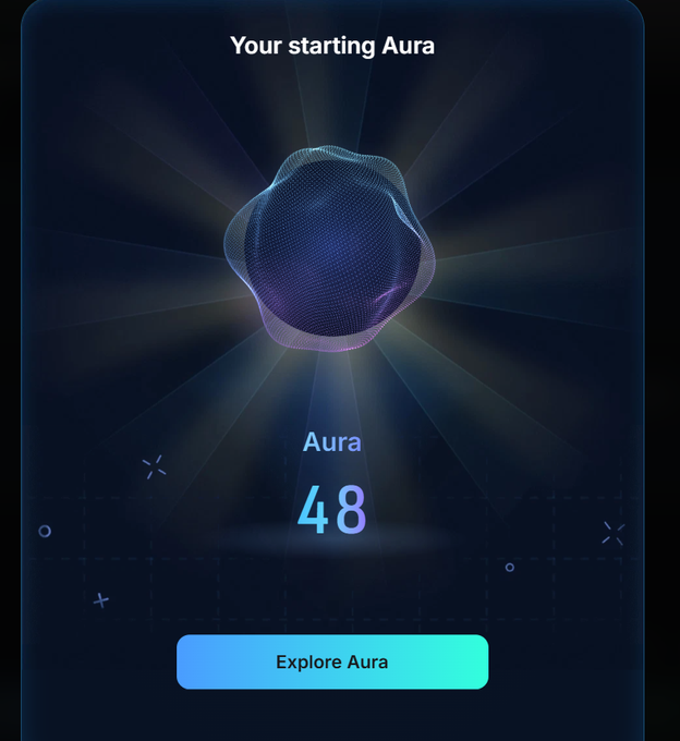 A dark-themed app screen displaying 'Your starting Aura' with a glowing 3D mesh sphere visualization and the number '48' shown below 'Aura,' featuring an 'Explore Aura' button at the bottom.