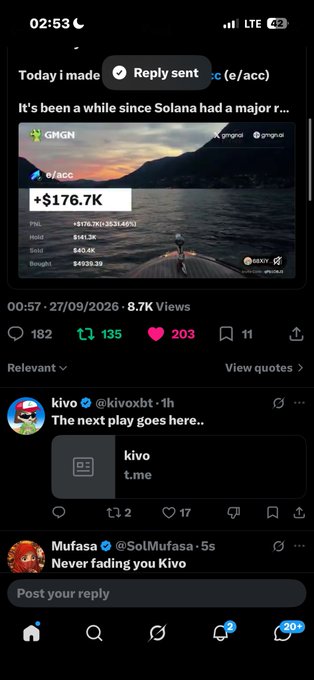 A mobile screenshot of the X app showing a post about Solana with an image displaying market data '+ $176.7K' and '+$176.7K(+83,314.69%)', timestamped 00:57 - 27/09/2026, with replies from users 'kivo' and 'Mufasa'.