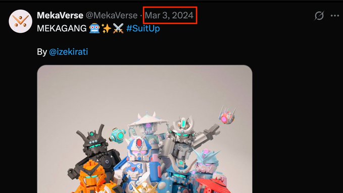 A tweet from @MekaVerse dated March 3, 2024 reads "MEKAGANG" with #SuitUp by @izekirati, showing a group of mech NFT characters. This dated post represents the project's apparent last social media activity, illustrating the abandoned state of the MekaVerse NFT project that the user's friend invested $18,000 in five years prior.