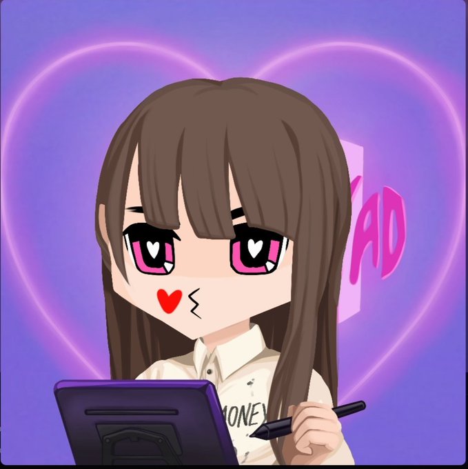 An anime-style illustration of a brown-haired girl with large pink heart eyes, wearing a white shirt with 'MONEY' visible, holding a pen and drawing tablet against a purple background with a glowing pink heart outline.