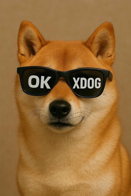 A Shiba Inu dog wearing sunglasses with the text "OK XDOG" printed on the lenses, visually representing the XDOG meme coin mentioned in the post.

The image serves as a humorous mascot for the #XDOG token, playing on its wolf/dog theme ("the wolf is really coming this time") while the "OK" on the lenses ties to the OKX exchange reference in the caption about spotting early-stage coin-stock opportunities.