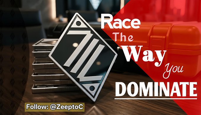 A gaming graphic with a black diamond logo and the text 'Race The Way You DOMINATE You' with 'Follow: @ZeeptoC' at the bottom.