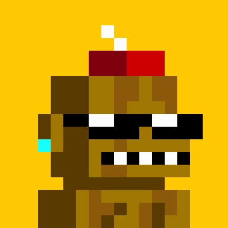 A pixel art style image of a brown Freddy Fazbear character from Five Nights at Freddy's with a red bow tie and a cyan tear, set against a yellow background.
