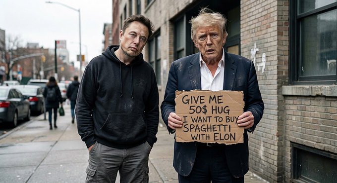 A photoshopped image of Elon Musk and Donald Trump on a city street, with Trump holding a cardboard sign that reads 'GIVE ME 50$ HUG I WANT TO BUY SPAGHETTI WITH ELON'.