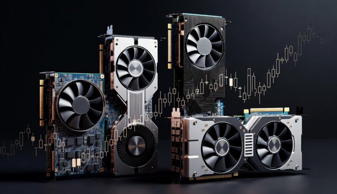 An assortment of GPUs stacked in front of a candlestick chart illustrating an upward price trend, visually reinforcing the post's message about the arrival of crypto-style perpetual futures in the AI compute market.