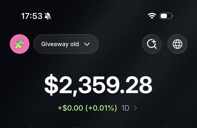 A mobile screenshot displays a crypto portfolio balance of $2,359.28 with a 1D change of +0.01% under the profile name "Giveaway old," suggesting the user is sharing proof of their remaining funds after running a giveaway campaign. The wallet address beginning with the pink ghost icon indicates this is likely a Phantom or Solana-based wallet being showcased alongside the celebratory post about a successful $3k giveaway.