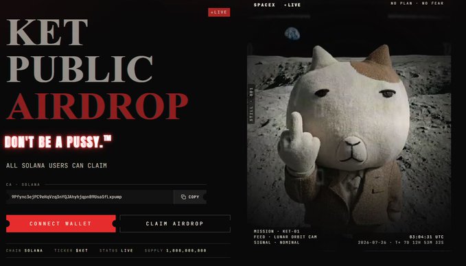 This promotional graphic advertises the "KET PUBLIC AIRDROP" for Solana users, featuring a stylized cat character on a lunar landscape. The image details the $KET ticker, a supply of 1,000,000,000, and provides a contract address to facilitate the memecoin airdrop mentioned in the post.