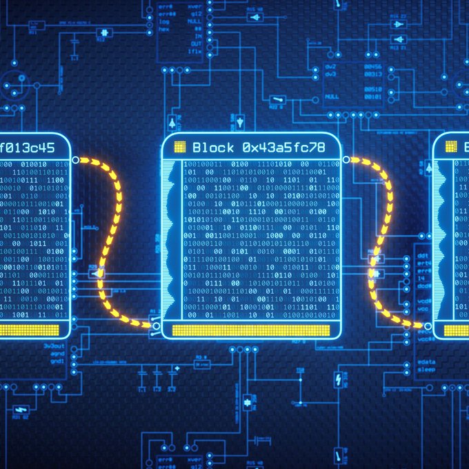 The image features a blue circuit board with three computer screens connected by yellow wires, creating an intricate network of electronic components. The screens display the text "BLOCK 843-845-845c" and "@aptos mainnet", suggesting that these computers are part of a larger system or project related to blockchain technology. Additionally, there is a post on social media with the caption "Confidential assets in @aptos mainnet and stablecoin settlement across borders. This is not the future." The image focuses on the electronic components and their connections rather than the content displayed on the screens.