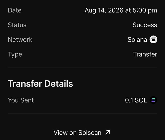 A Solana transaction confirmation showing a successful 0.1 SOL transfer on August 14, 2026, which corresponds to @ericols1's winning prize from the raffle mentioned in the post.