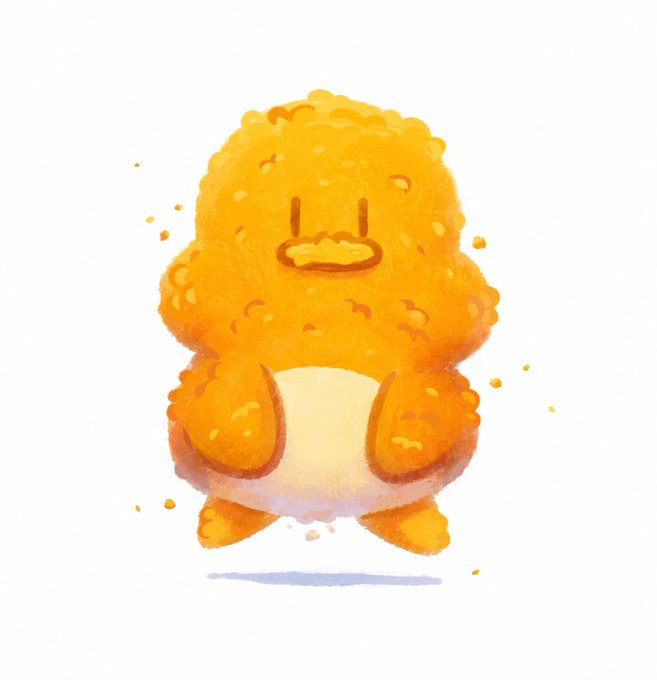 An illustration of a round, orange nugget-like creature with a small face and white belly against a white background.
