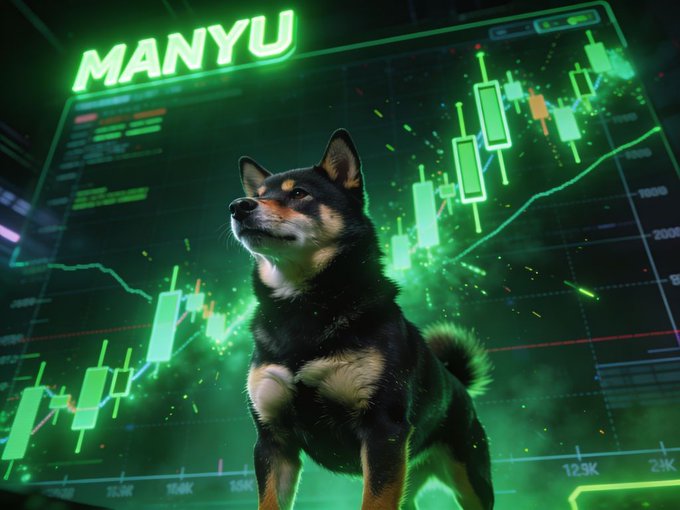 The image shows a dog standing next to a computer screen with financial charts, such as stock price graphs or OHLC charts, behind it. The dog appears to be staring at the screen, possibly displaying curiosity towards the visual data displayed on the monitor.