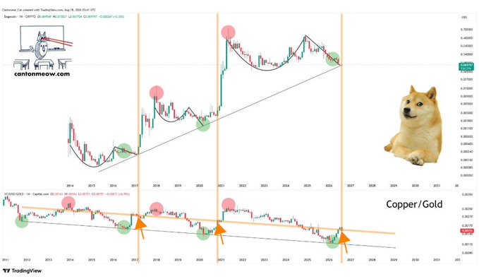 A TradingView chart titled 'Cantonmeow.com' and 'Copper/Gold' displaying long-term candlestick price action with technical annotations including red and green circles, an upward trendline, and an RSI indicator below, accompanied by a Shiba Inu dog image.