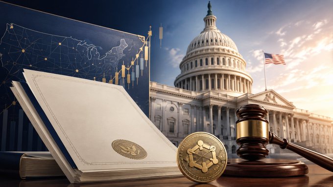 A conceptual image combining the U.S. Capitol building, a gavel, legal documents, a gold cryptocurrency coin, and financial charts representing U.S. crypto regulation.