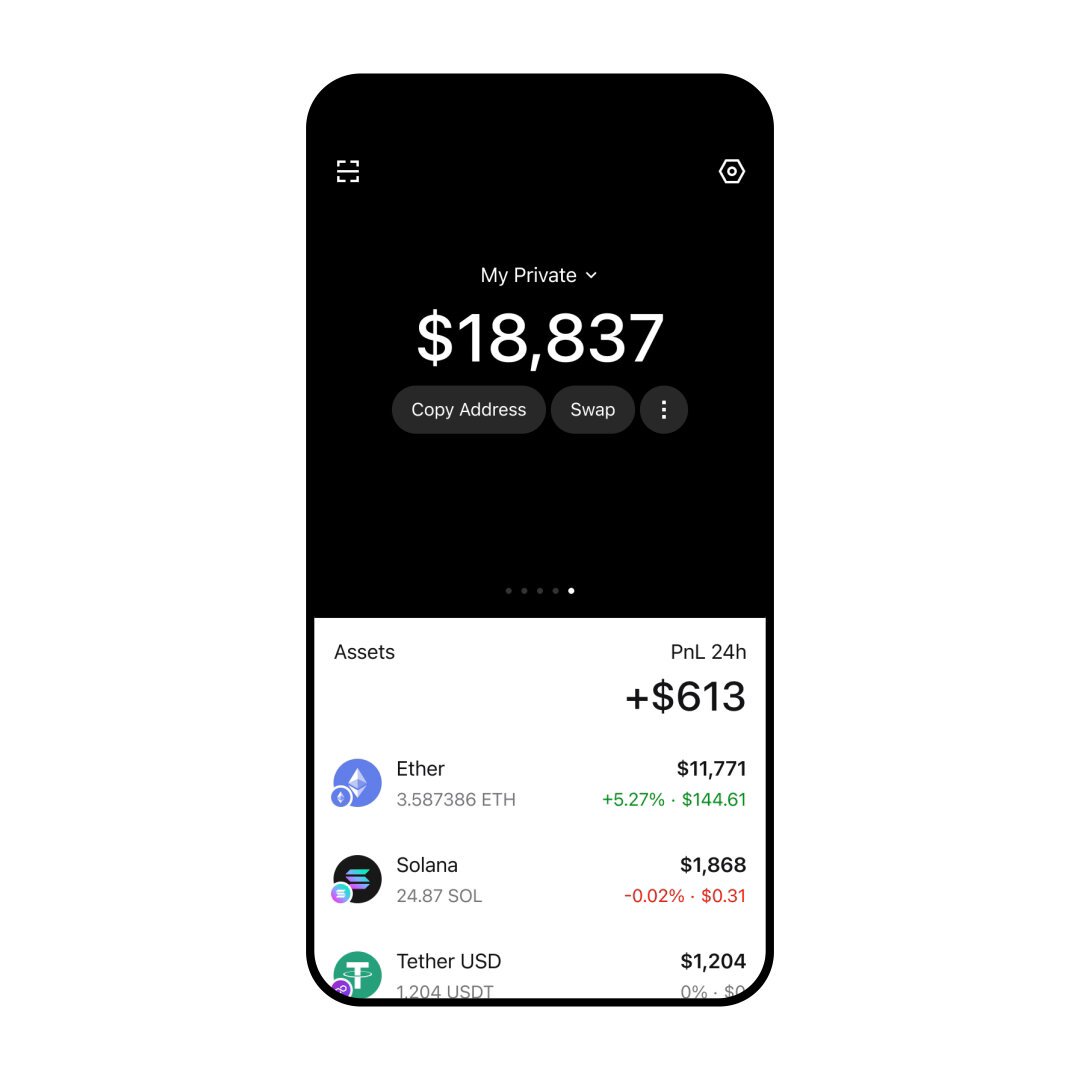The image displays a black cell phone screen with the app's interface showing the details of various Ether tokens, including their names, market cap, and current price fluctuations. The text "Aave positions. Polymarket bets." suggests that the user is managing an Ethereum wallet on Aave, while the post also mentions "1,200+ protocols. All live in 1inch wallet. Open the app, your DeFi positions are there. No debank tab, nonthing to connect. Tap protocol to see all related positions." likely refers to a discussion about smart contracts and Etherium trading strategies.