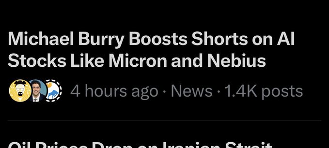 A news headline reading "Michael Burry Boosts Shorts on AI Stocks Like Micron and Nebius," posted 4 hours ago with 1.4K posts.