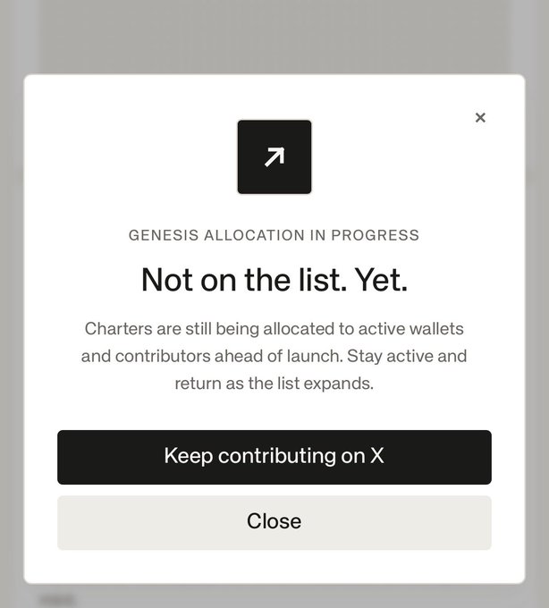 A modal displays the message "GENESIS ALLOCATION IN PROGRESS — Not on the list. Yet," explaining that charters are still being allocated to active wallets and contributors ahead of launch, with buttons to "Keep contributing on X" or "Close." This relates to the post by showing a user who missed out on the Standard WL but remains hopeful for future allocation by continuing to contribute on X.