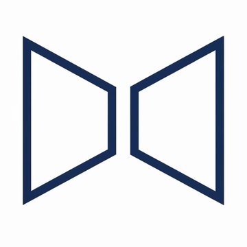 The image shows two dark blue geometric trapezoid shapes facing each other against a white background, resembling a stylized "bowtie" or bracketed frame design. The minimalist icon relates to the post's theme by visually symbolizing the "fermentation stage" of Xlayer's ecosystem, with the two shapes meeting in the middle representing how the #TapeOutX meme asset connects and expands outward from a central point to drive the public chain's recognition.