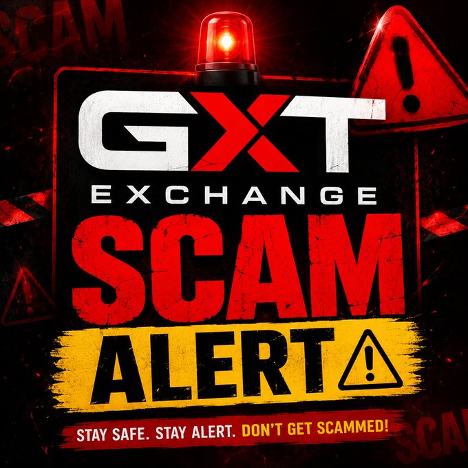 A bold warning graphic featuring a flashing red alert light and caution triangles displays the text "GXT EXCHANGE SCAM ALERT — STAY SAFE. STAY ALERT. DON'T GET SCAMMED!" The dramatic red, black, and yellow design visually reinforces the post's warning about GXT Exchange's troubling red flags, including withdrawal issues and lack of operational transparency.