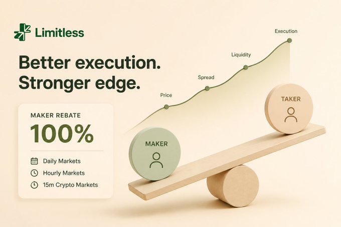 An advertisement for 'Limitless' features the text 'Better execution. Stronger edge.' and 'MAKER REBATE 100%', with a seesaw graphic showing 'MAKER' and 'TAKER' sides, highlighting price, spread, liquidity, and execution.