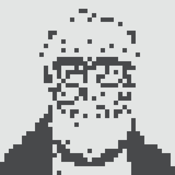 A low-resolution pixelated portrait of a person with a stippled/dotted effect on the left side of their face.