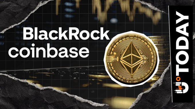 The given image is a picture of a logo of BlackRock Coinbase. There are two images of Bitcoin tops bordered in white. The logos for BlackRock and Coinbase are displayed. The image goes into detail about the transfer of funds $271 million from blackrock to coinbase prime in Bitcoin and Ethereum. The background of the image has dark and gold backgrounds.