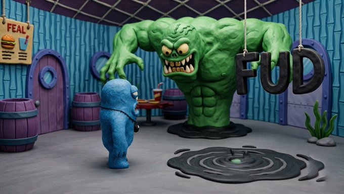 A 3D-rendered scene features a small blue character standing before a large green monster, with a sign reading 'FUD' hanging on the right and a 'FEAL' menu on the wall to the left.