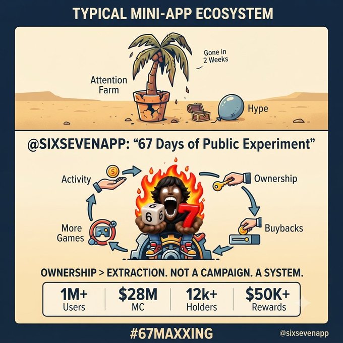 An infographic titled 'TYPICAL MINI-APP ECOSYSTEM' comparing a dying attention farm to '@SIXSEVENAPP: 67 Days of Public Experiment,' highlighting metrics like '1M+ Users' and '$28M MC' under the hashtag '#67MAXXING'.