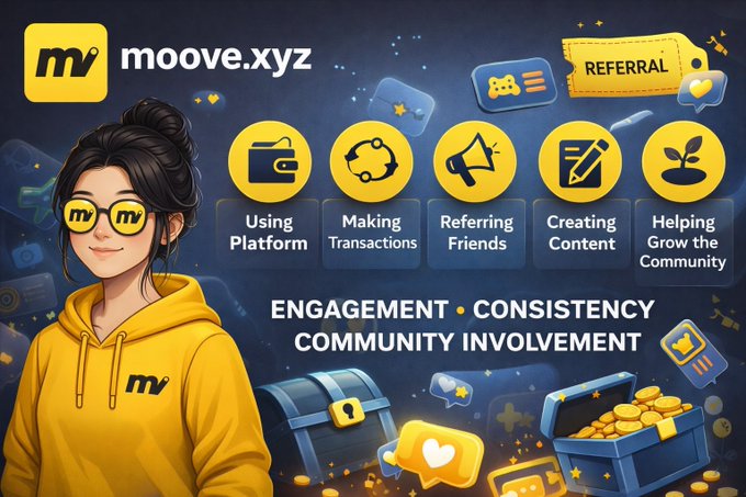 The image features a cartoon girl wearing glasses, with a blue background that includes various social media icons such as Twitter handles, Facebook logos, and Instagram photos of people using their platforms. The text above the girl reads "One thing I like about @moovexyz is that participation matters. Rewards aren't limited to a handful of users or large holders. Whether you're: ➟ Using the platform ➟ Making transactions ➟ Referring friends ➟ Creating content ➟ Helping grow the community". The girl appears to be promoting the idea of user engagement and involvement on social media platforms, emphasizing that participation is key for rewards in these spaces.